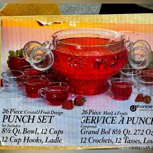 Vintage Jeanette Fruit punch bowl with fruit designs . 26 pc bowl set with ladle